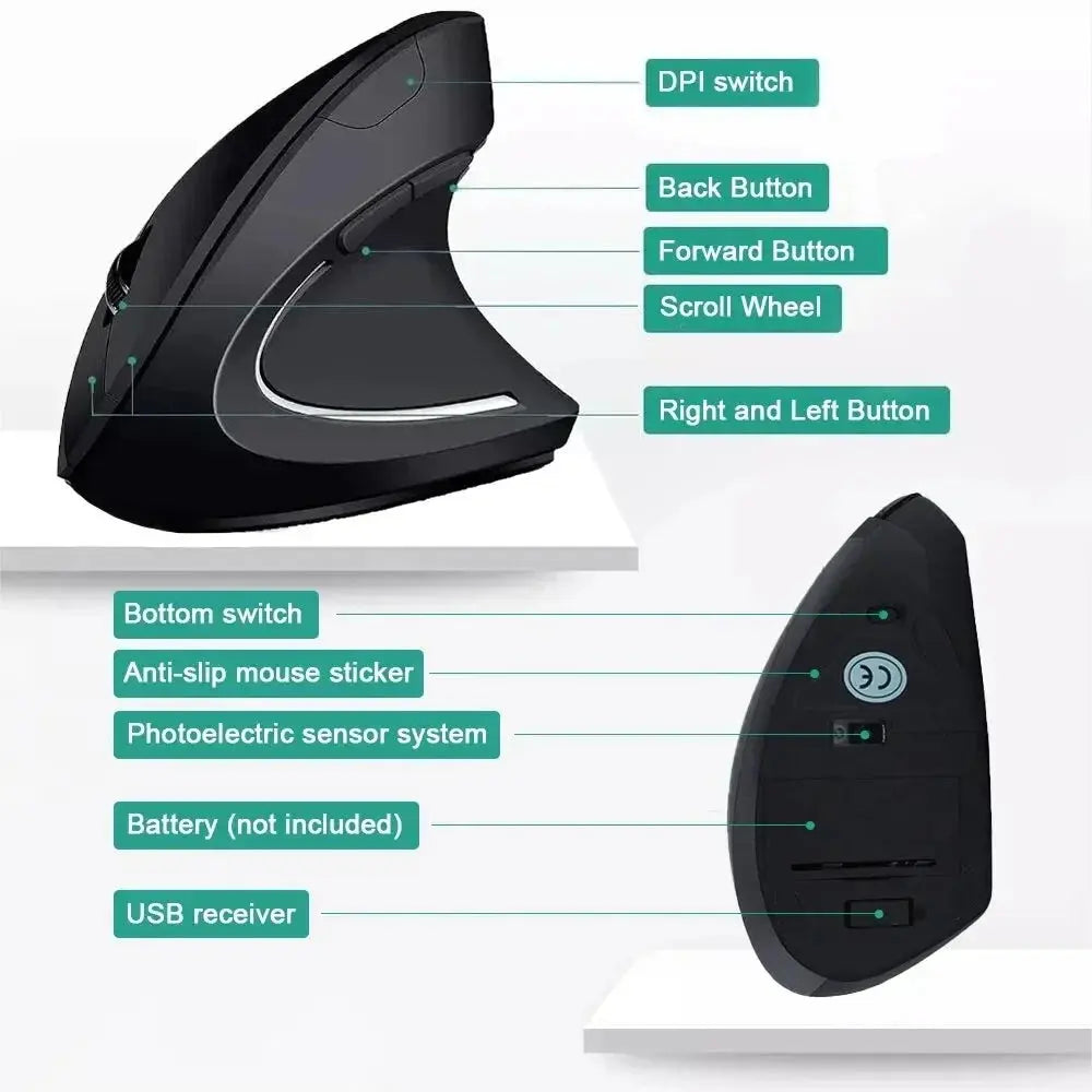 Vertical Mouse Ergonomic 2.4GHz Wireless Optical Mice 3 Adjustable DPI 800/1200/1600 6 Buttons for Laptop PC Computer Desktop - ALPENZO