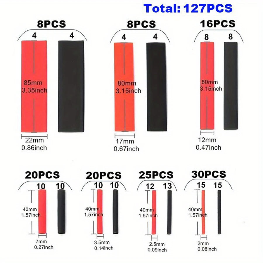 127pcs Black Heat Shrinkable Tube Cable Insulation Sleeve Waterproof Electronic Lated Polyolefin Sheathed Shrink Tubing - ALPENZO