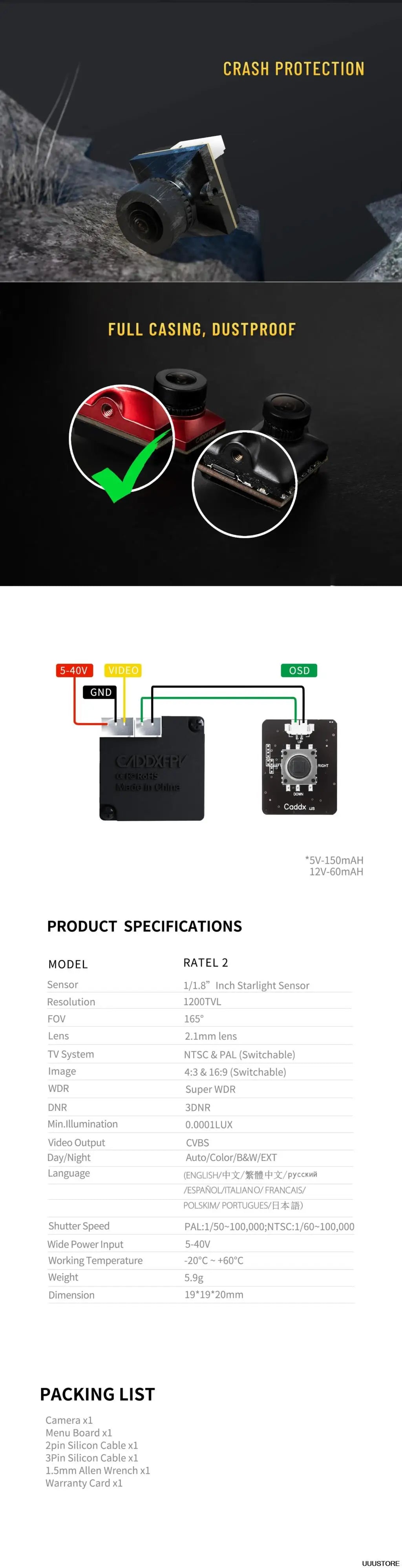 Caddx Ratel 2 V2 FPV Camera Ratel2 2.1mm Lens 16:9/4:3 NTSC/PAL Switchable 19*19mm Super WDR for FPV Racing Drone RC Model ALPENZO