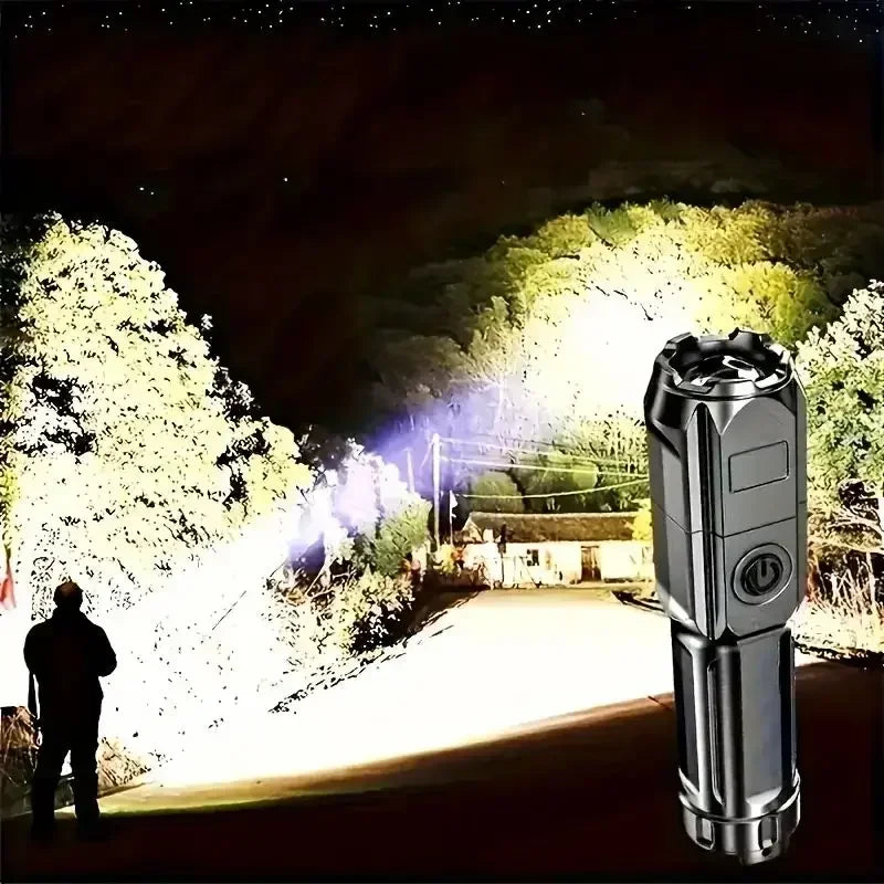Powerful LED Flashlight Telescopic Zoom Tactical Torch USB Charging Spotlight 4 Lighting Mode Long-Range Outdoor Flashlight