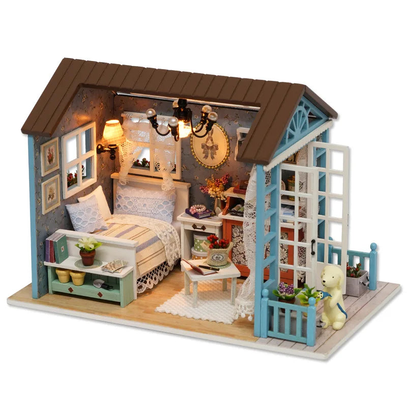 Kitten Mini Wooden Doll House Model Building Kits Toy Home Kit Creative Room Bedroom Decoration with Furniture For Birthday Gift ALPENZO