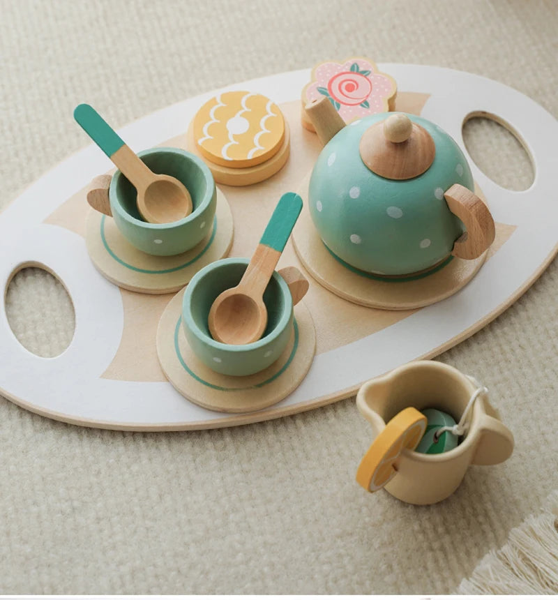 Wooden Afternoon Tea Set Toy Pretend Play Food Learning Role Play Game Early Educational Toys for Toddlers Girls Boys Kids Gifts ALPENZO
