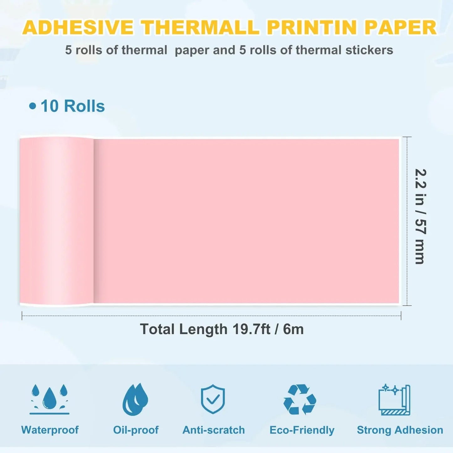 Thermal Printer Paper Rolls for Mini 10 Rolls 2.2in x 19ft Pocket Printer White Colors Sticky Receipt Paper Rolls POS Papers ALPENZO
