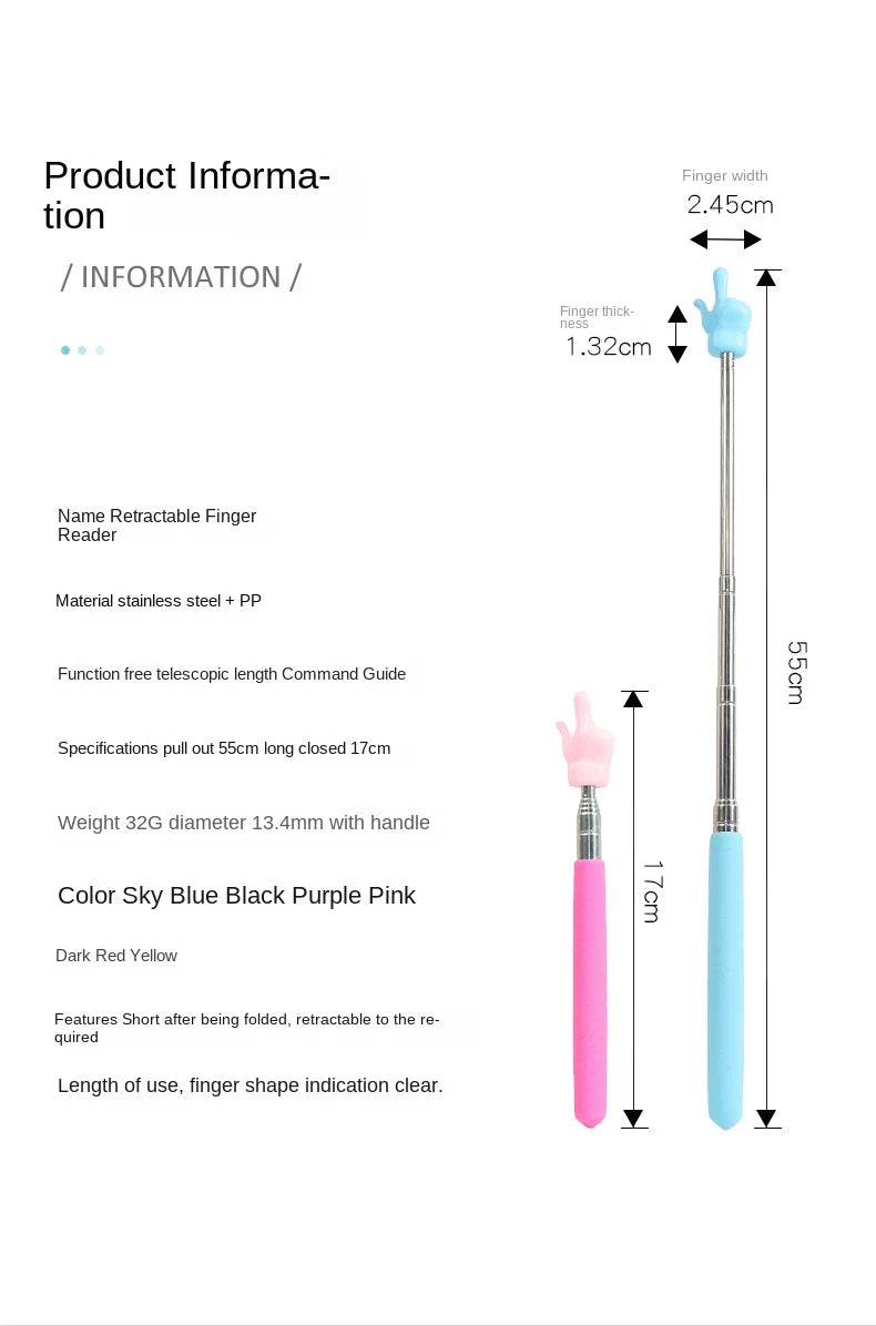 Retractable Teacher Pointer Finger Design StainlessSteel Telescopic School Teaching Pointer Stick Teacher Supplies for Classroom ALPENZO