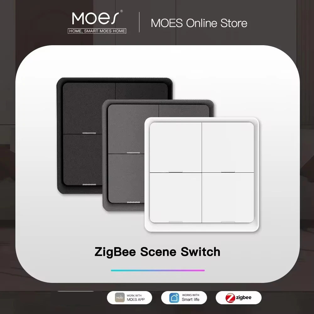 MOES 4 Gang Tuya ZigBee Wireless 12 Scene Switch Push Button Controller Battery Powered Automation Scenario for Tuya Devices - ALPENZO