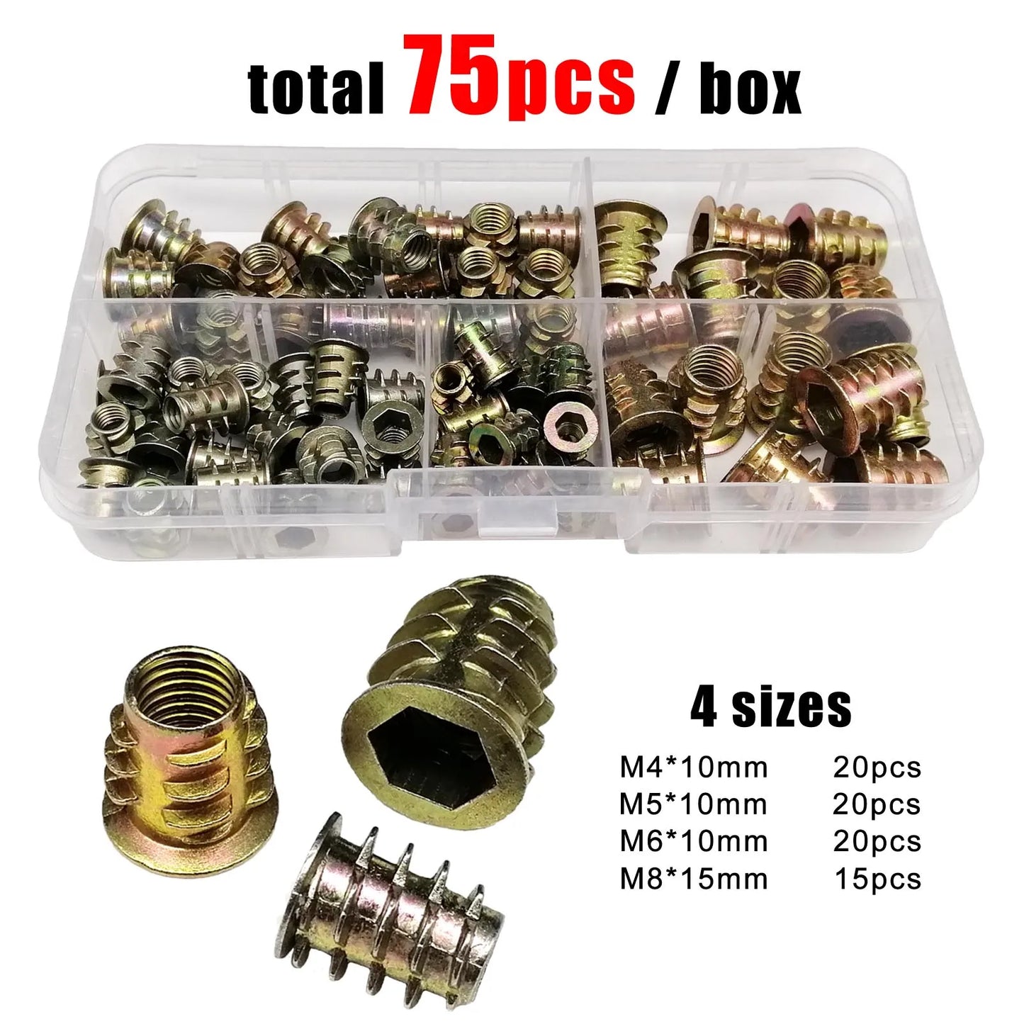 165/75/55pcs Threaded Insert Nut E-nut M4 M5 M6 M8 Set Kit For Wood Furniture Bed Cabinet Table Embedded Hex Hexagon Socket Head - ALPENZO