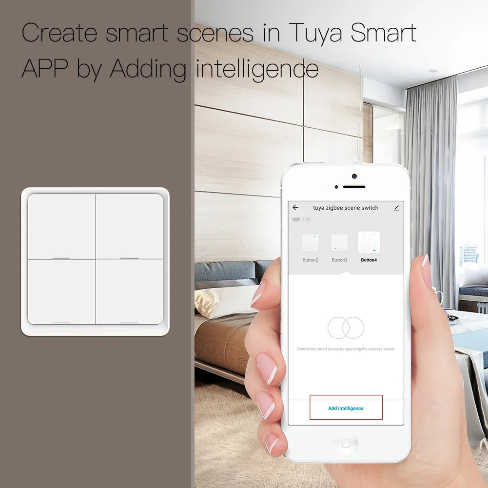 MOES 4 Gang Tuya ZigBee Wireless 12 Scene Switch Push Button Controller Battery Powered Automation Scenario for Tuya Devices - ALPENZO