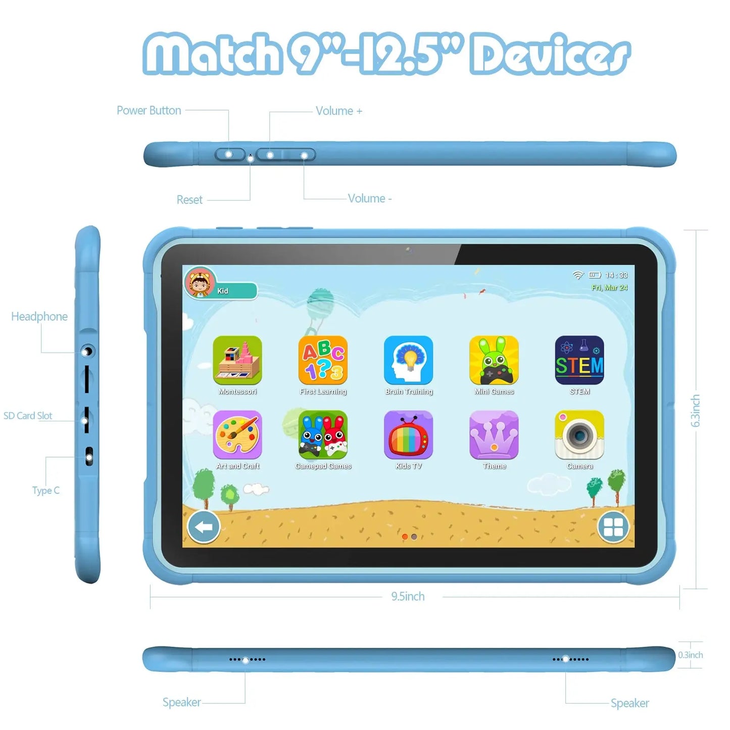 Pritom 10 Inch Kids Tablet Android 13 Go WIFI Quad Core Processor 2GB RAM 64GB ROM YouTube with Case - ALPENZO