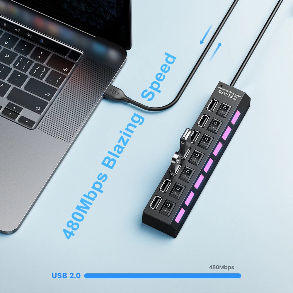 USB HUB USB Switch USB Hub 2.0 Adapter High Speed Multi 7 Ports Hub USB On/Off Switch Portable USB Splitter For Computer Laptop - ALPENZO