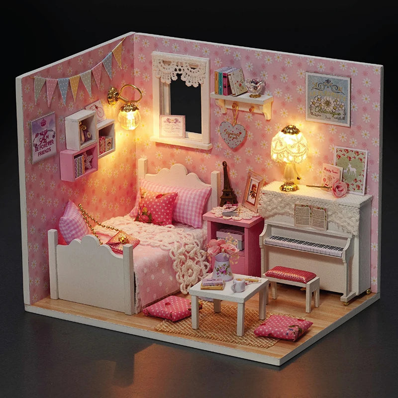 Kitten Mini Wooden Doll House Model Building Kits Toy Home Kit Creative Room Bedroom Decoration with Furniture For Birthday Gift ALPENZO