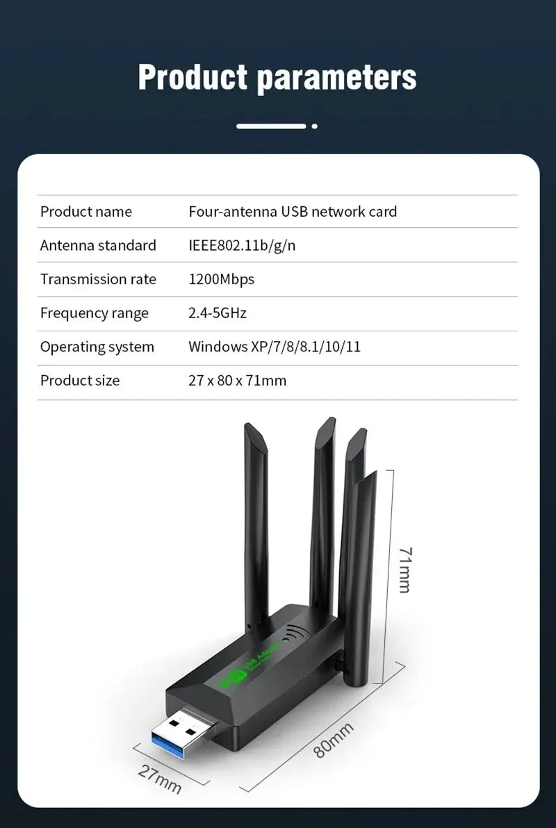 Original 4 Antennas 1200Mbps WiFi USB 3.0 Adapter 2.4G/5GHZ Dual Band WiFi Dongle Wireless Network Card 802.11AX For Win 10/11 - ALPENZO