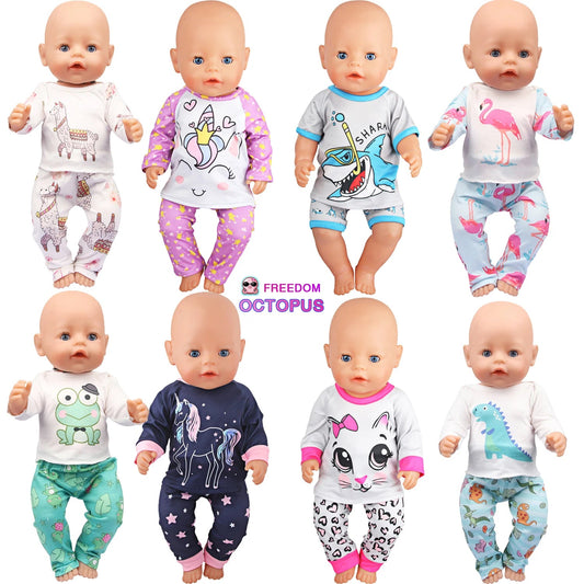 Doll Clothes Pajamas  For 43cm Baby New Born&American 18 Inch Girl Doll Unicorn Shark Cartoon Clothes Suit For Generation Doll ALPENZO