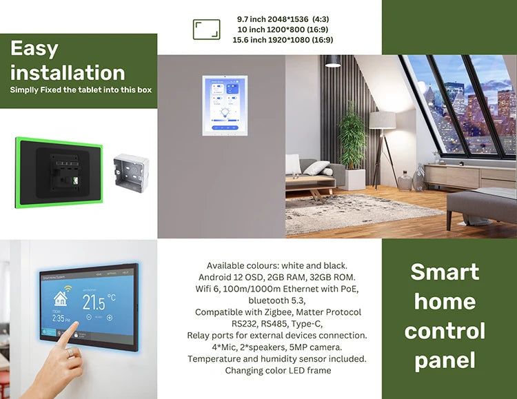 10.1 inch android smart home control panel with touch screen, 4GB RAM, wifi 6, RJ45, PoE,RS232, RS48, software not included. - ALPENZO