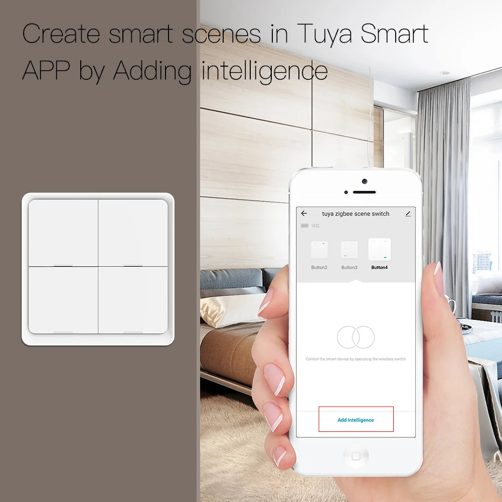 MOES 4 Gang Tuya ZigBee Wireless 12 Scene Switch Push Button Controller Battery Powered Automation Scenario for Tuya Devices - ALPENZO