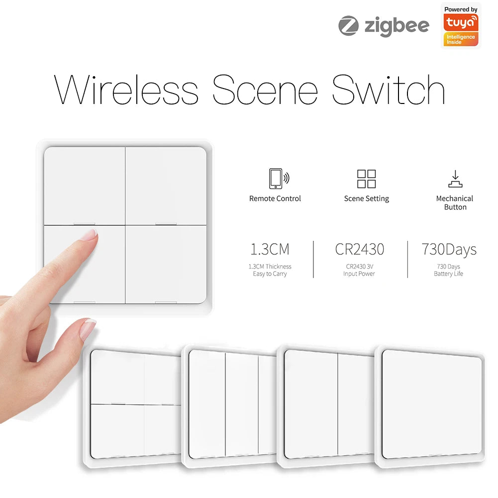 MOES 4 Gang Tuya ZigBee Wireless 12 Scene Switch Push Button Controller Battery Powered Automation Scenario for Tuya Devices - ALPENZO