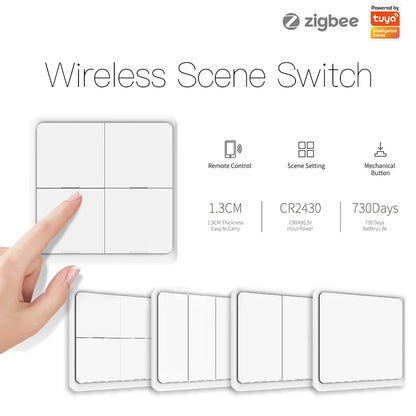 MOES 4 Gang Tuya ZigBee Wireless 12 Scene Switch Push Button Controller Battery Powered Automation Scenario for Tuya Devices - ALPENZO