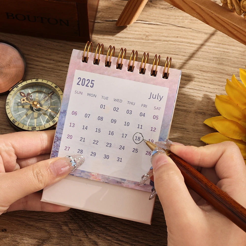 1 pc 2025 Vintage Mini Bronzing Painting Desk Calendar Tabletop Flip Monthly Calendar Student Notepad Schedule Planner Calendar ALPENZO