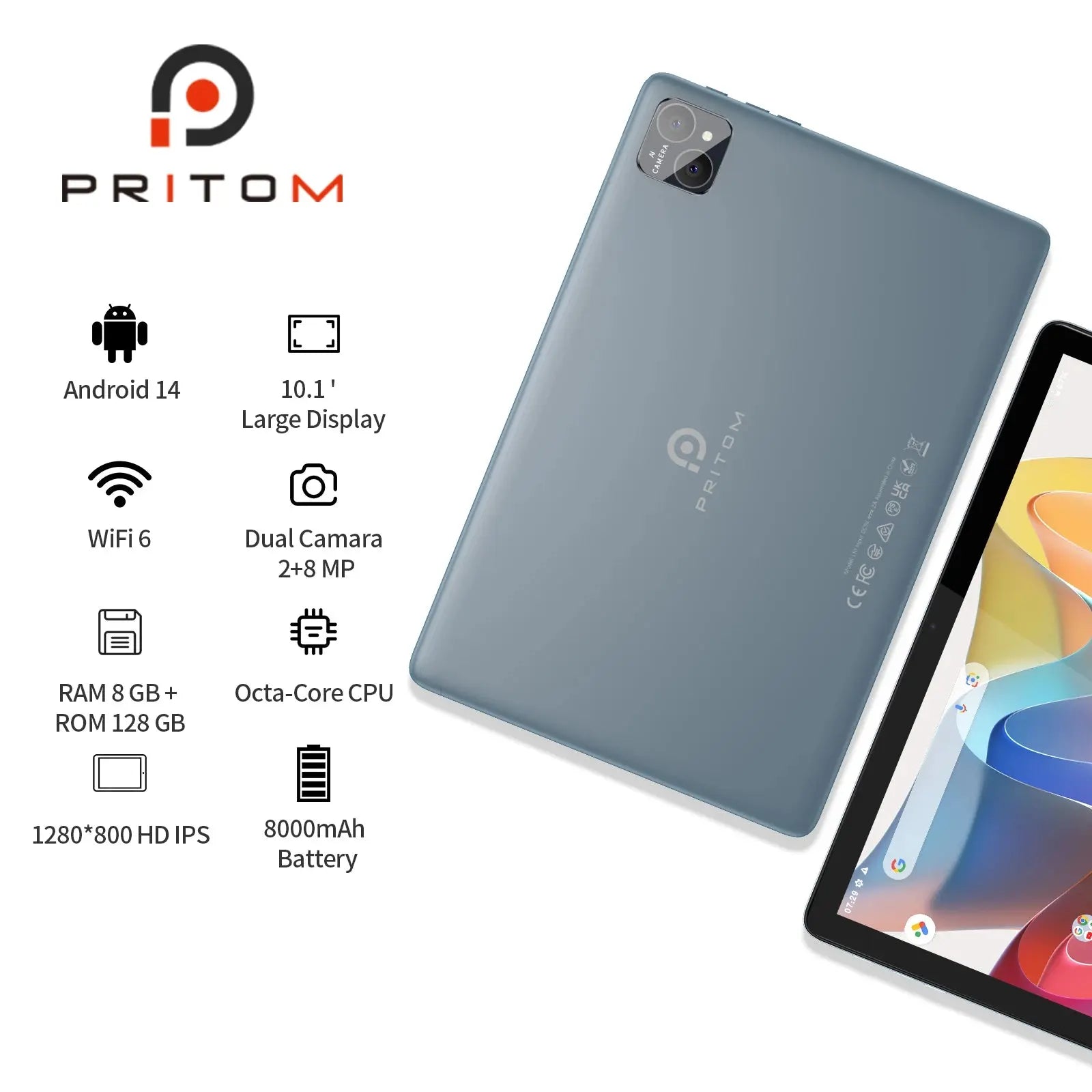PRITOM TAB11 Android 14 Tablet 10 Inch, 8GB(4+4 Expand) RAM + 128GB ROM, Octa Core, 5G WiFi, with Keyboard, Mouse, Case - ALPENZO