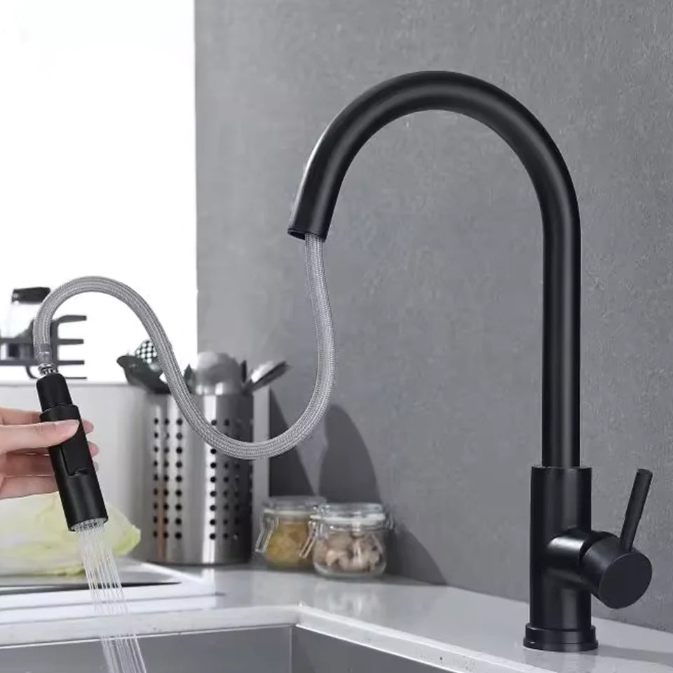Hot and Cold Mixed Kitchen Faucet, Stainless Steel Faucet, Kitchen Sink Faucet, Pull-out Kitchen Faucet, Single Hole Faucet - ALPENZO