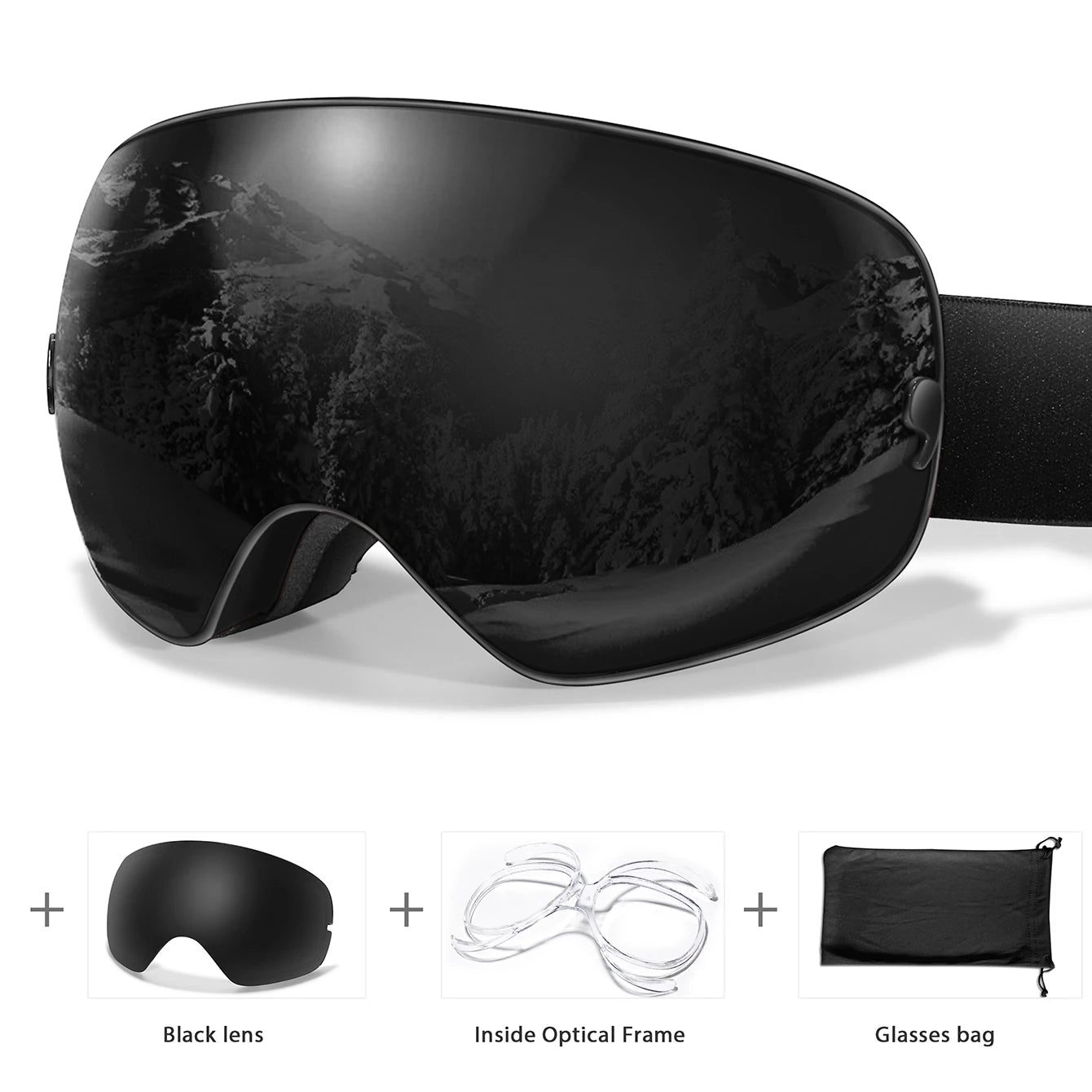 Ourdoor Sports Teen Men Women Ski Goggles-Anti-fog UV400 Eyewear, Christmas and New Year Gift, Free Black Lens and Optical Frame