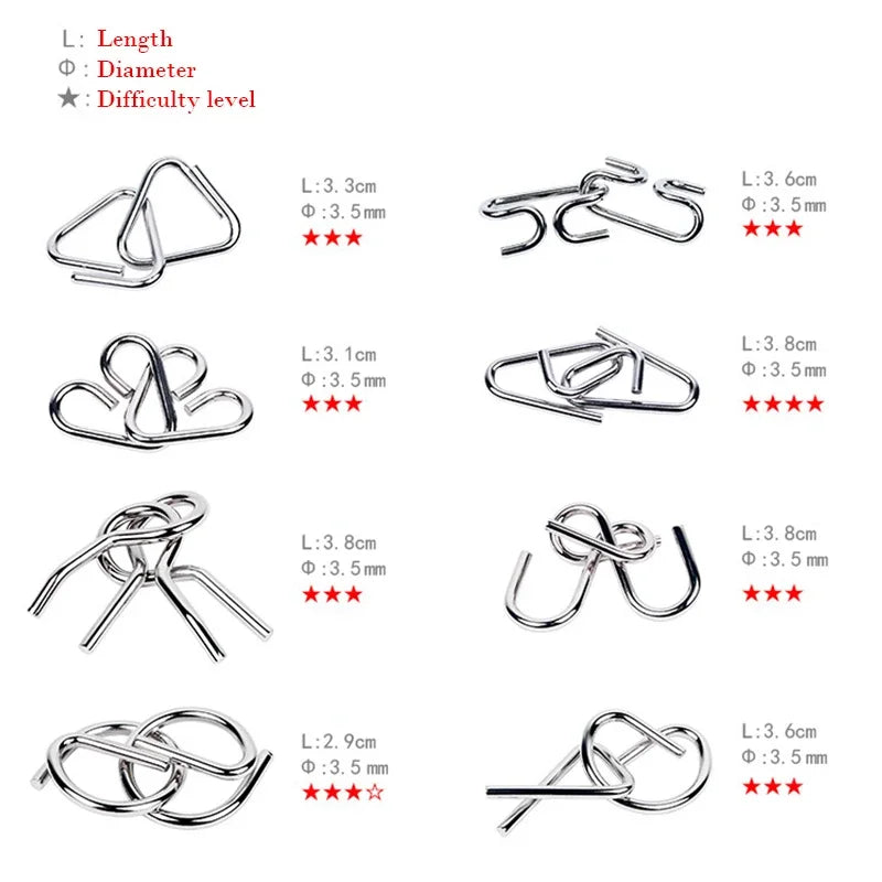 8Pcs/Set Metal Montessori Puzzle Wire IQ Mind Brain Teaser Puzzles Children Adults Interactive Game Reliever Educational Toys ALPENZO