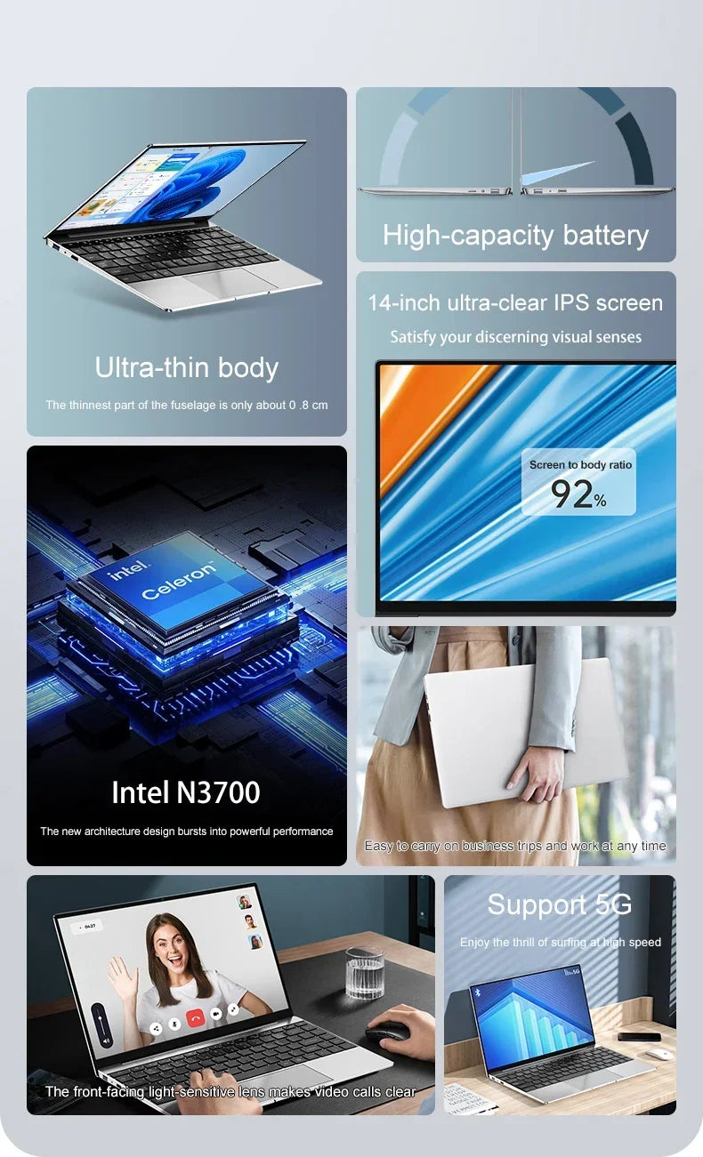 Laptop Intel Pentium N3700 16GB RAM 1024GB SSD Notebook 1920*1080 Resolution Windows 11 Unlock Computer Office Study gamer PC - ALPENZO