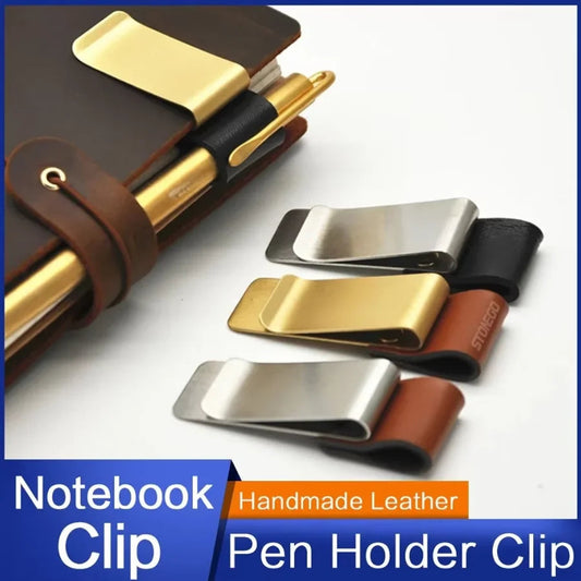 STONEGO Handmade Leather Brass Stainless Steel Pen Holder Clip Journal Notebook Paper Folder Writing Office Supplies ALPENZO