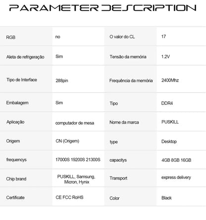 PUSKILL Memória RAM DDR4 16GB 8GB 1.2V 3200MHz 2666MHz Desktop Computer UDIMM Cooling Vest Memory Memoria - ALPENZO