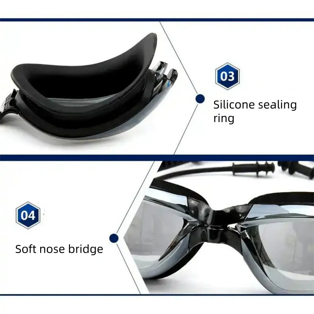 Swimming Goggles Adult Myopia Swimming Goggles One-piece Earplugs Electroplating Anti-fog High-definition Swimming Goggles