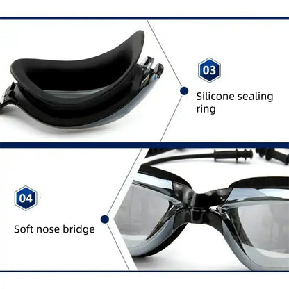 Swimming Goggles Adult Myopia Swimming Goggles One-piece Earplugs Electroplating Anti-fog High-definition Swimming Goggles