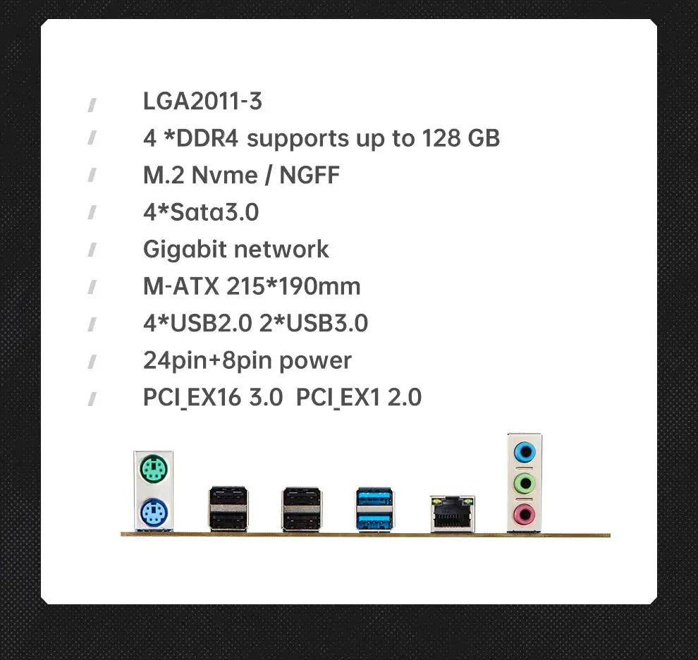 QIYIDA X99 motherboard D4 LGA 2011 3 with M.2 slot Support X99 C612chip DDR4 Memory SATA3.0 USB3.0 PCI16X - ALPENZO