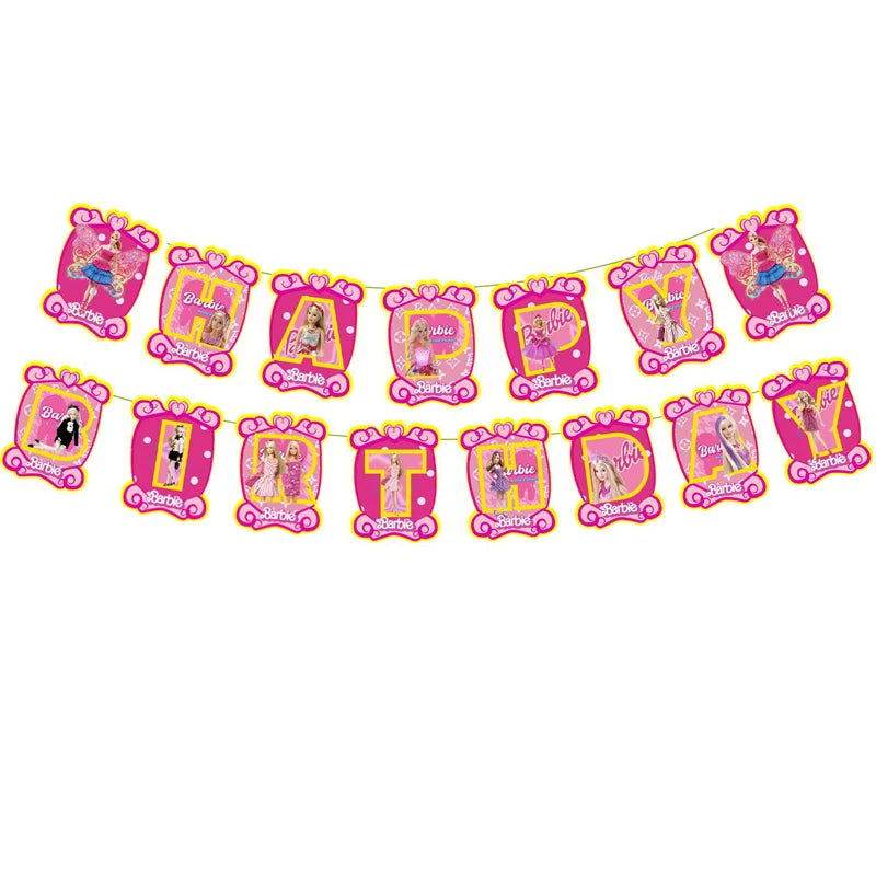 Barbie Birthday Party Supplies Pink Girl Disposable Tableware Banner Cupcake Topper Background Princess Balloons Gift Bag ALPENZO