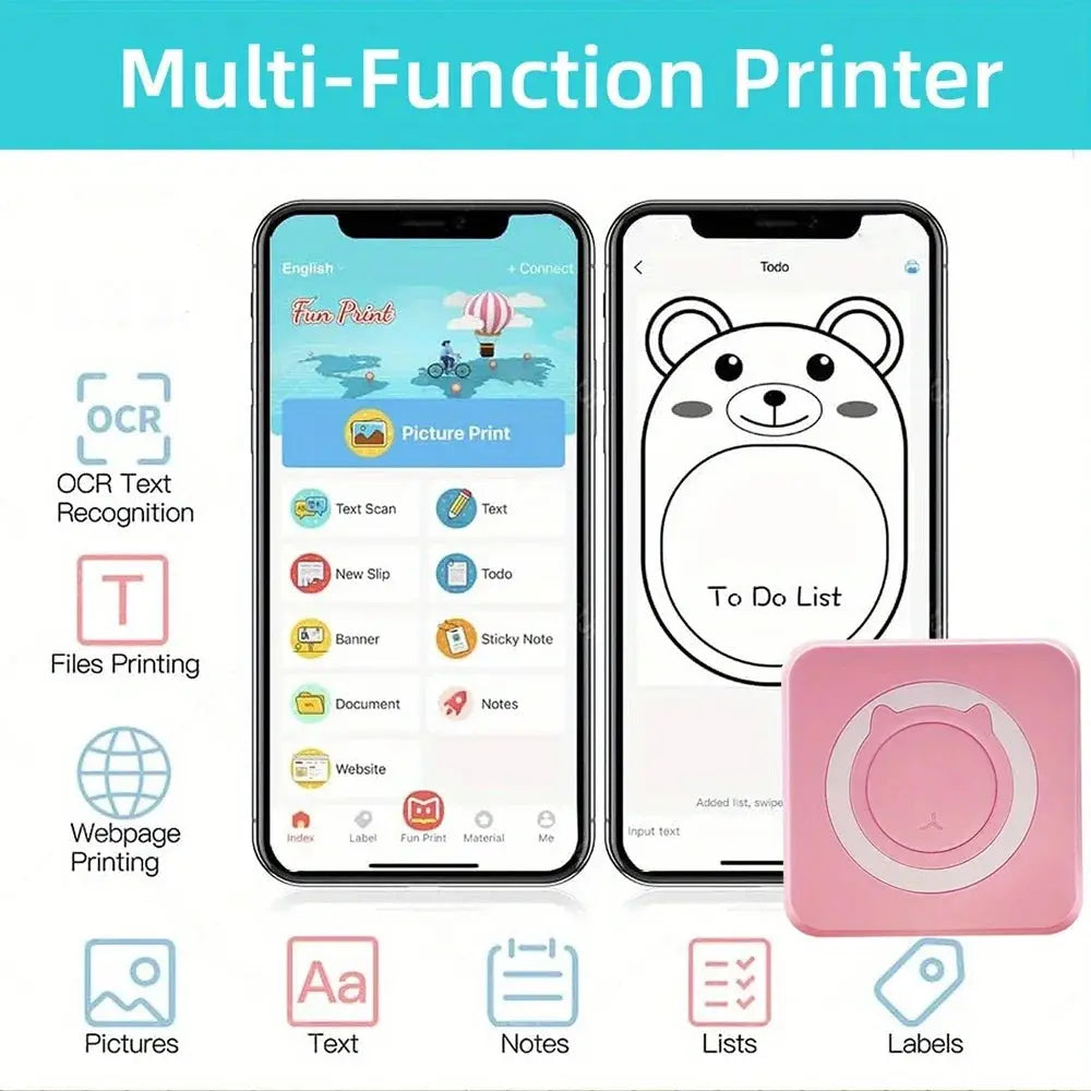 Portable Mini Thermal Printer Wirelessly BT 203dpi Photo Label Memo Wrong Question Printing With USB Cable Imprimante Portable - ALPENZO