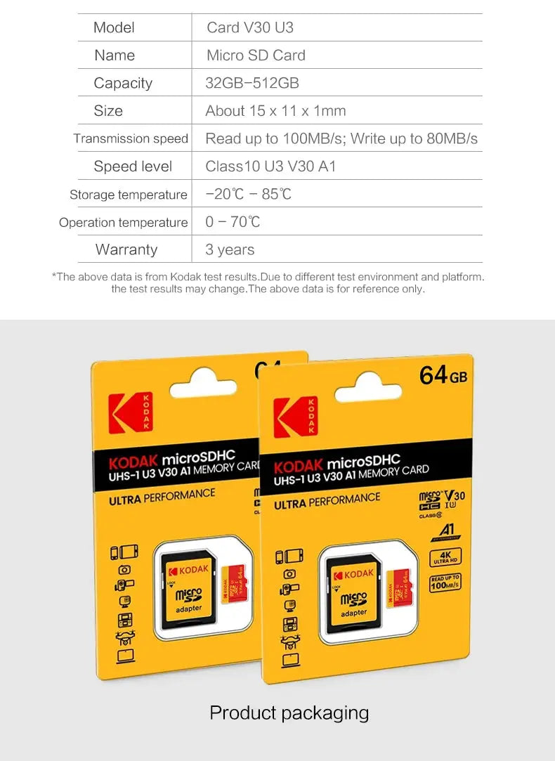 KODAK MicroSD Card Red Memory Card Class10 32GB 64GB 128GB 256GB U3 4K High Speed Flash Memory TF Flash Cards for Phone - ALPENZO