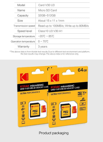 KODAK MicroSD Card Red Memory Card Class10 32GB 64GB 128GB 256GB U3 4K High Speed Flash Memory TF Flash Cards for Phone - ALPENZO