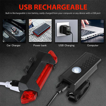 USB Rechargeable Bike Lights Set Bicycle Front Light Rear Lamp Easy to Install 3 Modes Headlight Taillight Cycling Accessories