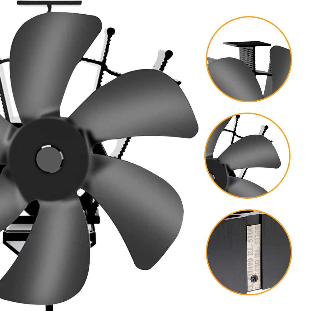 Heat Powered Stove Fan Eco Quiet Black 6 Blades Log Wood Burner Fireplace Fan Winter Warmer Home Efficient Heat Distribution - ALPENZO