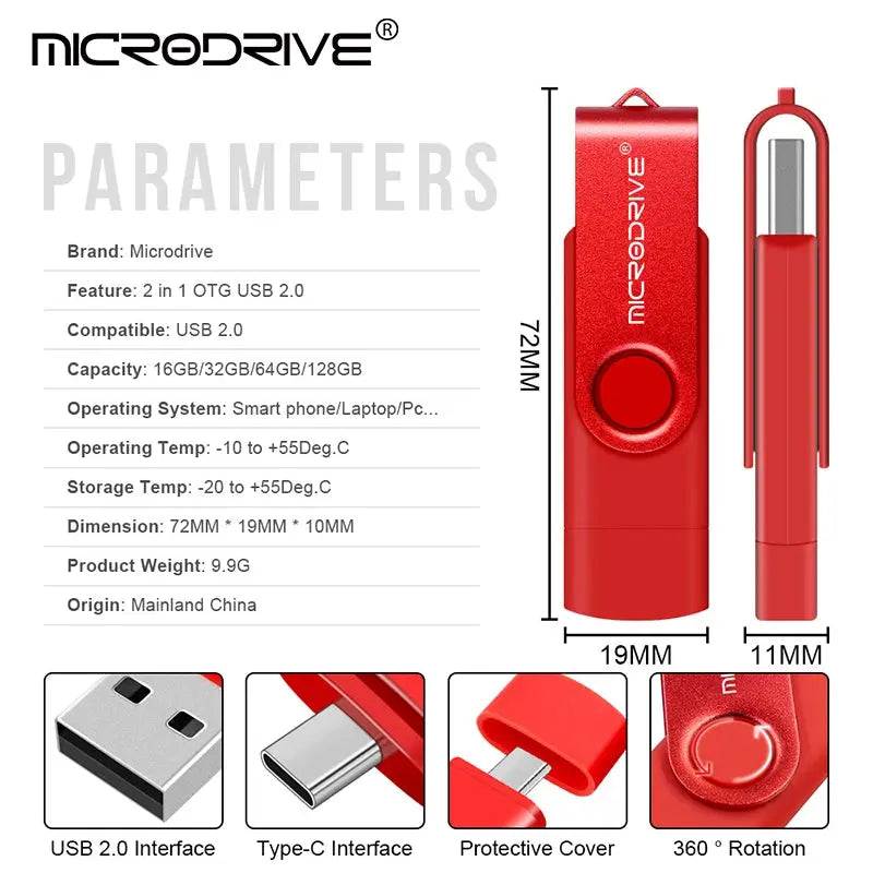 Metal USB Flash Drive 128GB 64GB 32GB High Speed 16GB 8GB Pen Drive Smart Phone  OTG  2 IN 1 Memoria Usb Stick Type C Usb 2.0 - ALPENZO