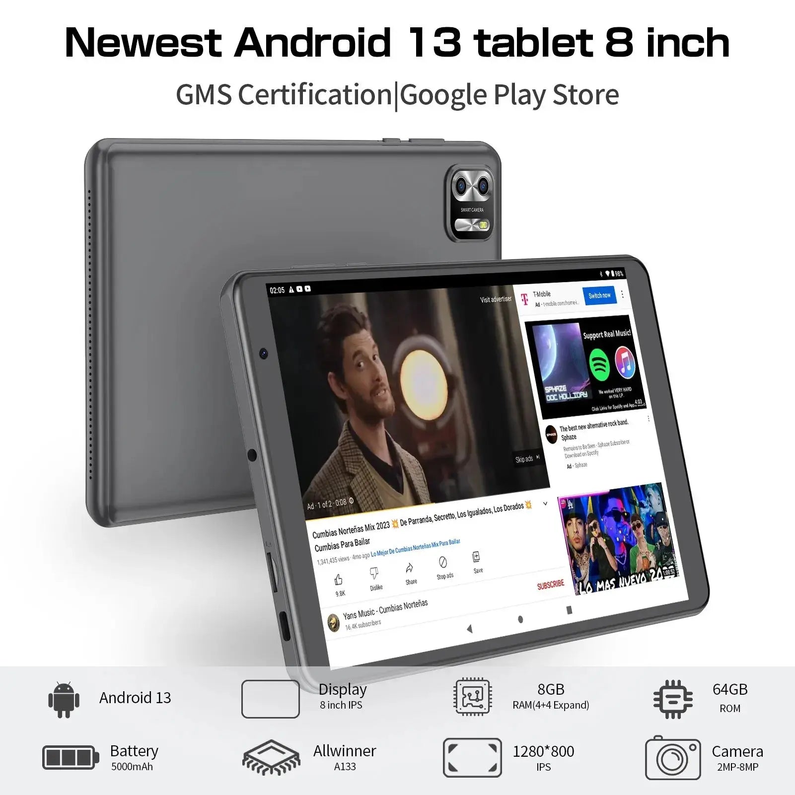 PRITOM 8 Inch Tablet Android 13, 8GB(4+4 Expand) RAM 64GB ROM,1TB Expand,1280x800 IPS Screen 5000MAH Battery,Dual Camera, WiFi - ALPENZO