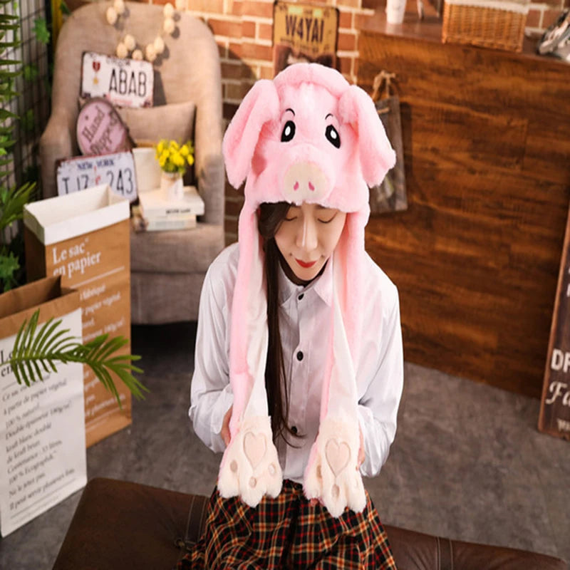 Cartoon Bunny Ear Move Hat Jumping up Toys Rabbit Girls Animal Plush Costume Cosplay Cap Kids Party for Adult Funny Anime Hat ALPENZO