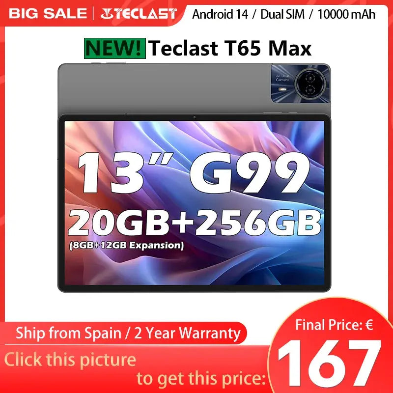 【World Premiere】Teclast T65 Max 13" HD Display Android 14 Tablet MediaTek G99 8GB RAM 256GB ROM 10000mAh Battery Widevine L1 - ALPENZO