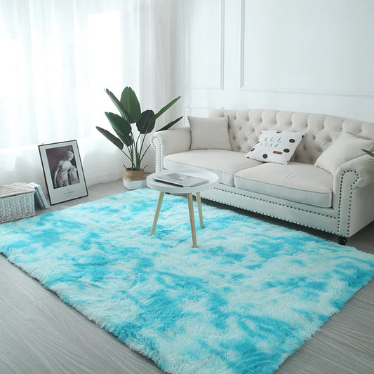VIKAMA blue Tie dye gradient silk plush carpet, living room coffee table mat, bedroom bedside solid color long plush carpet - ALPENZO