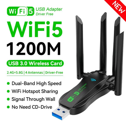 VAORLO 1200Mbps WiFi USB Adapter WiFi5 Dual Band 2.4G+5.8Ghz 4 Antenna Dongle USB3.0 High-Speed Wireless Card Receiver PC/Laptop - ALPENZO