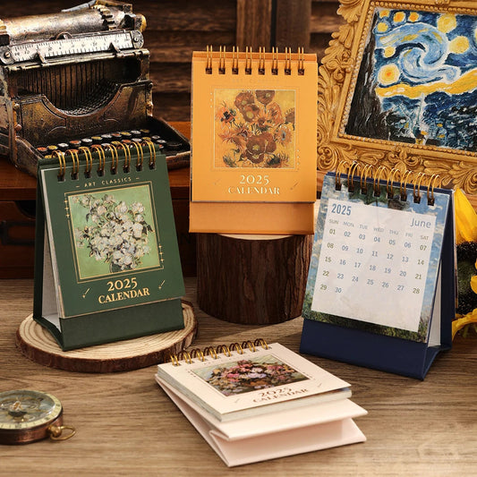 1 pc 2025 Vintage Mini Bronzing Painting Desk Calendar Tabletop Flip Monthly Calendar Student Notepad Schedule Planner Calendar ALPENZO