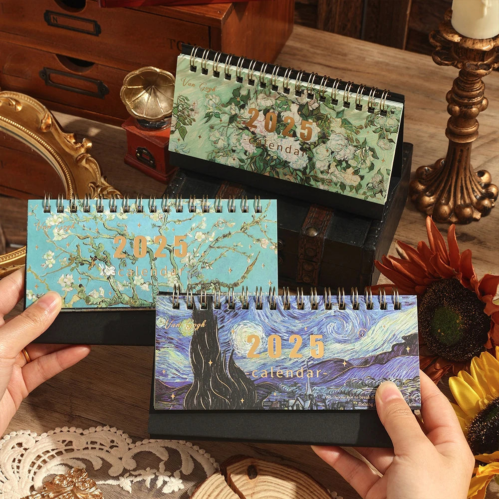 1 pc 2025 Vintage Painting Coil Desk Calendar With Memo Notes Tabletop Flip Schedule Monthly Calendar For Home Office School ALPENZO