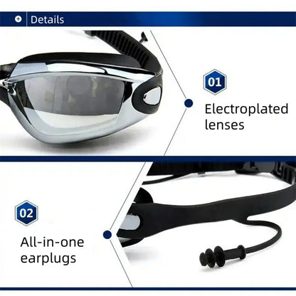 Swimming Goggles Adult Myopia Swimming Goggles One-piece Earplugs Electroplating Anti-fog High-definition Swimming Goggles