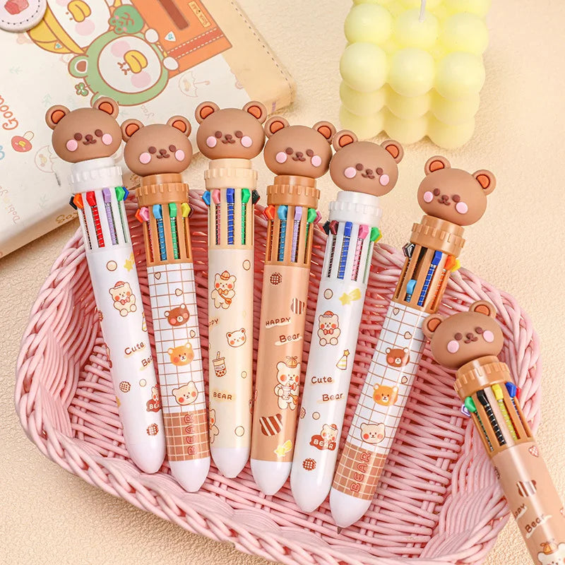 10 Colors Ballpoint Pen Cartoon Bear 0.5mm Colorful Ink Gel Pens Silicone Kawaii Pens School Office Supplies Korean Stationery ALPENZO