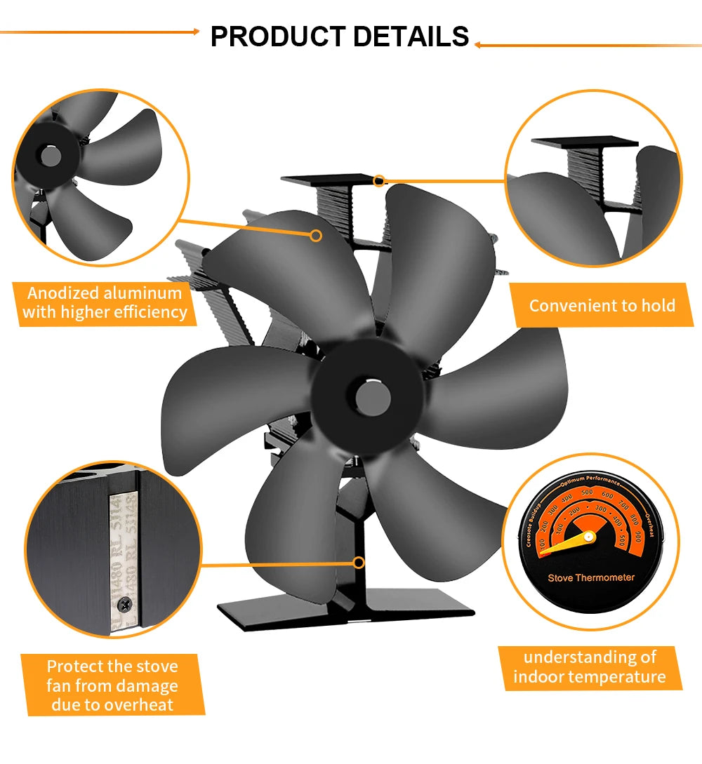 Heat Powered Stove Fan Eco Quiet Black 6 Blades Log Wood Burner Fireplace Fan Winter Warmer Home Efficient Heat Distribution - ALPENZO