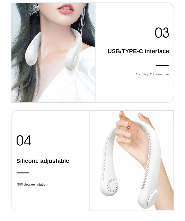 New Mini Neck Fan Portable Bladeless Hanging Neck 1200mAh Rechargeable Air Cooler 3 Speed Mini Summer Sports Fans ALPENZO