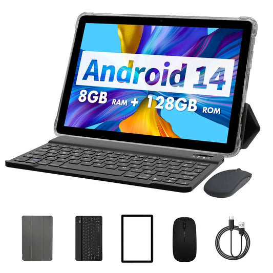 PRITOM TAB11 Android 14 Tablet 10 Inch, 8GB(4+4 Expand) RAM + 128GB ROM, Octa Core, 5G WiFi, with Keyboard, Mouse, Case - ALPENZO